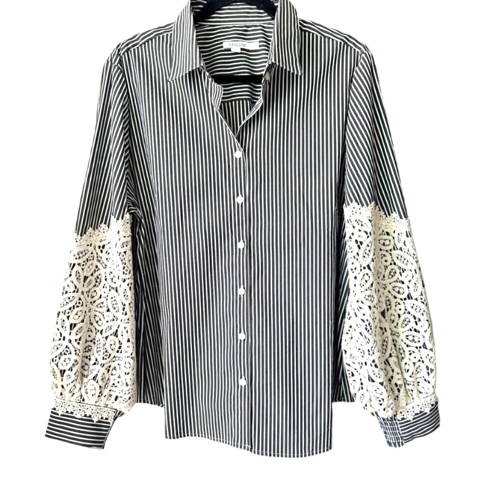 Chico's Poplin Stripe Crochet Puff Sleeve Button Front Shirt Top Blouse sz 10 US - Picture 4 of 10